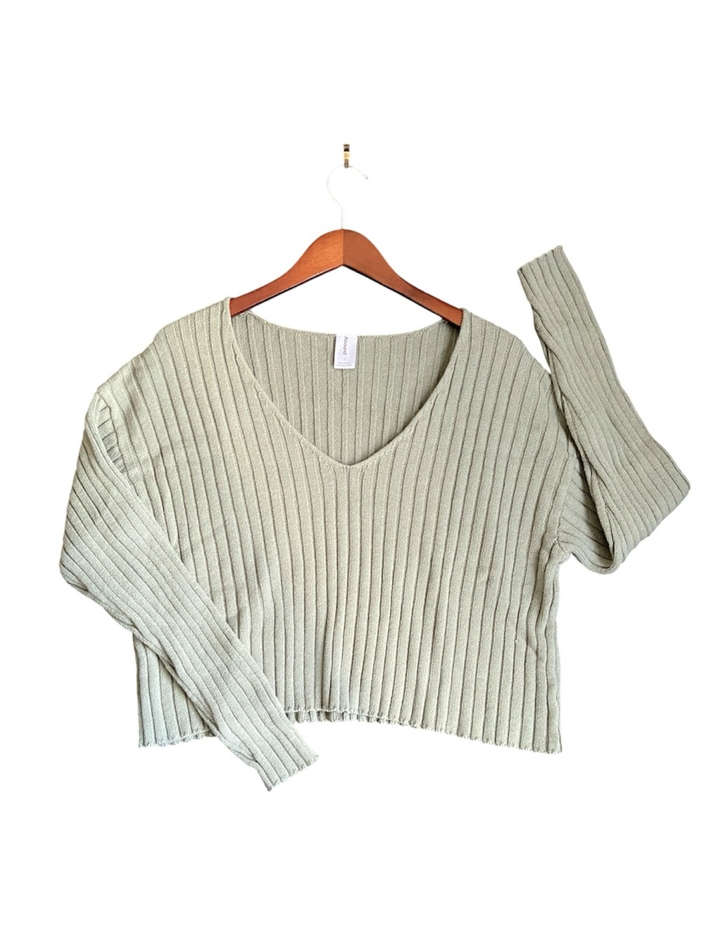 Abound | Sage Green Rib-Knitted V-Neck Cropped Boho Indie Long Sleeve | L/G